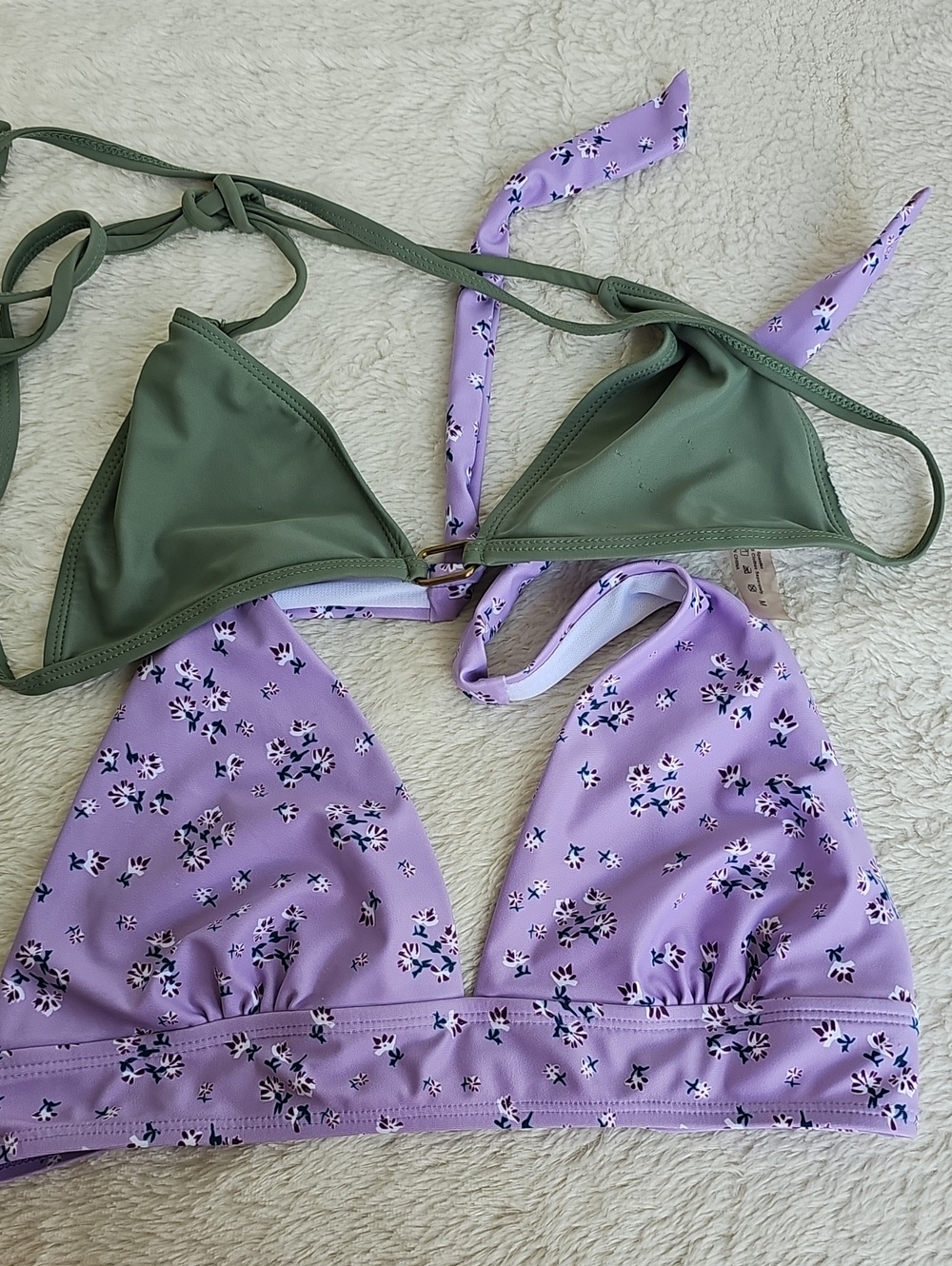 Set of 2 Bikini Swim Tops Purple Floral Halter & Olive Green Triangle Size M